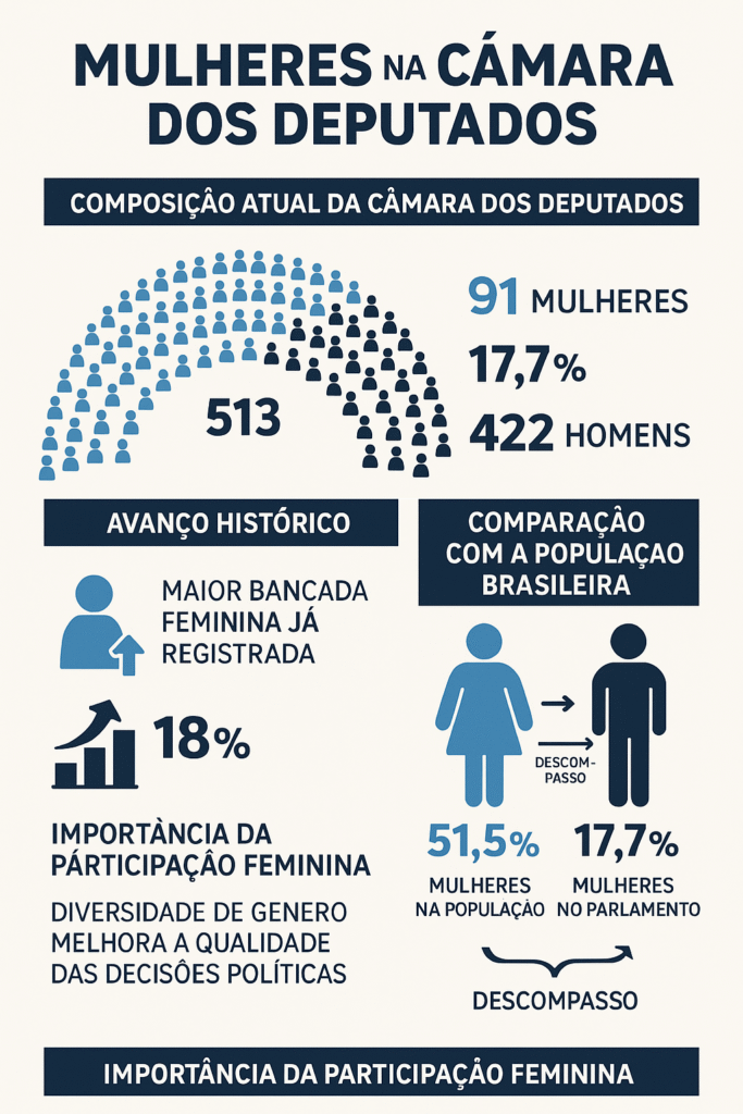 Infográfico representando a representação feminina na política. Os dados exibidos comprovam que o Brasil está longe de alcançar a equidade de gênero